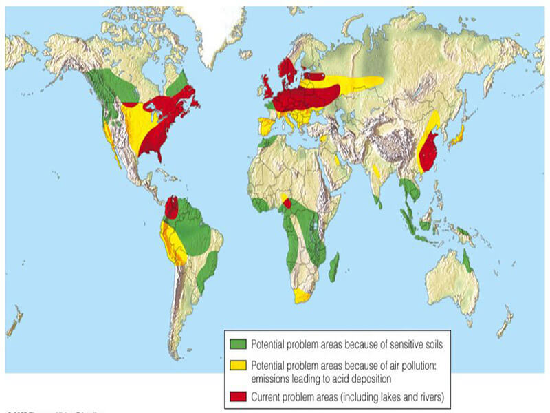 آلودگی هوا - باران اسیدی -  پراکندگی باران اسیدی در جهان